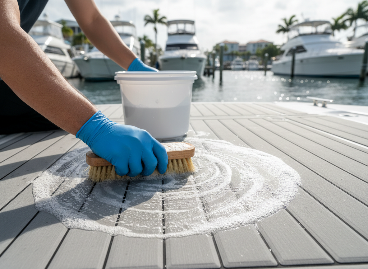 A high-resolution, realistic photo of a person gently cleaning gray EVA boat flooring on a boat deck using a soft brush and a bucket of water. The deck has a textured marine foam surface with a subtle grain pattern. The setting is outdoors at a marina with soft natural daylight. The focus is on the cleaning process and the EVA foam texture, clean and professional look.